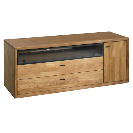 Meuble télé - ZEBRA - 1 porte 2 tiroirs - Chêne et Noir - 160 cm - Design contemporain