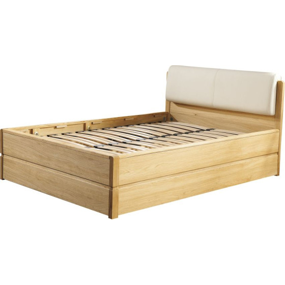 lit coffre bois 140x190 avec tete de lit tissu blanc collection VOLA