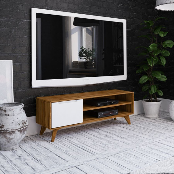 Meuble TV chêne massif et blanc collection Sven