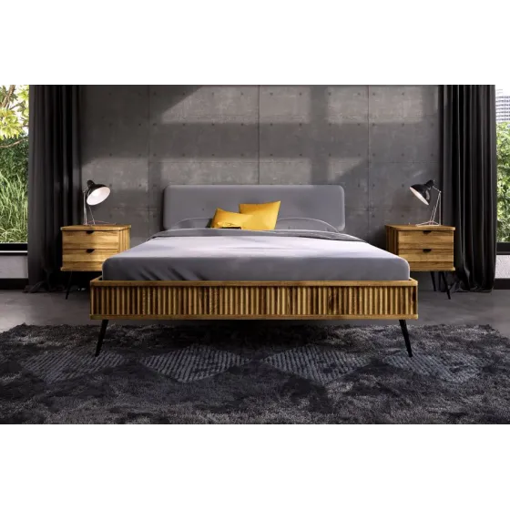 Lit chêne massif et tissu gris  collection Linéa