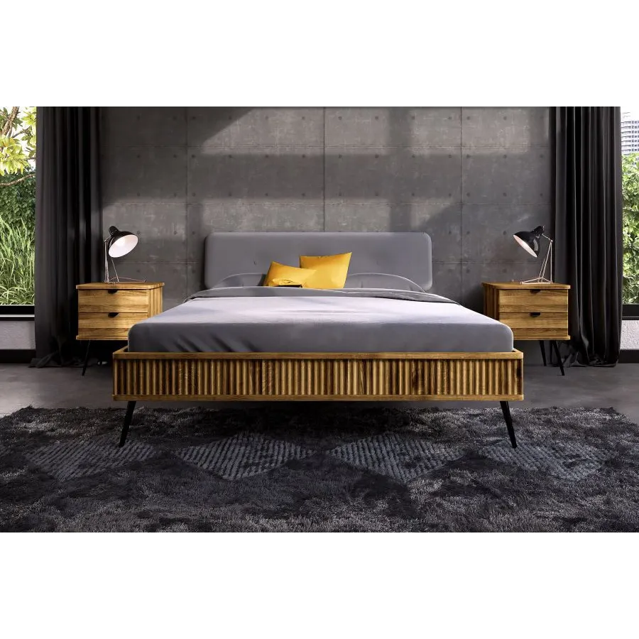 Lit chêne massif et tissu gris  collection Linéa