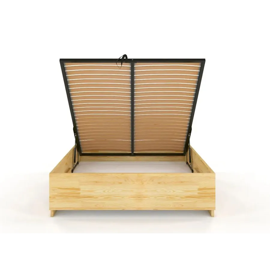 Lit coffre bois pin massif sommier relevable vérins collection Noko