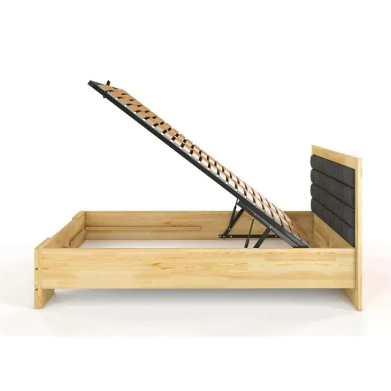 Lit coffre bois pin massif avec tête de lit tissu 160x200 collection PRADO