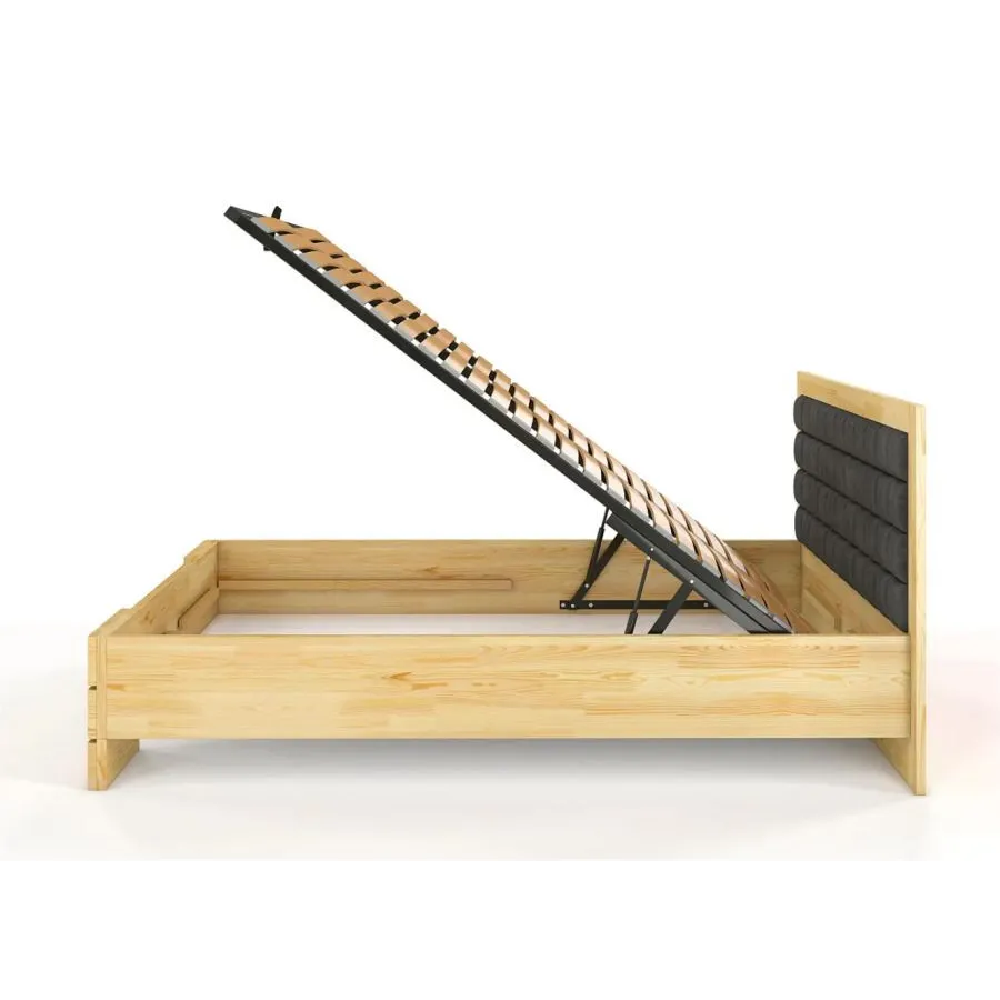 Lit coffre bois pin massif avec tête de lit tissu 160x200 collection PRADO