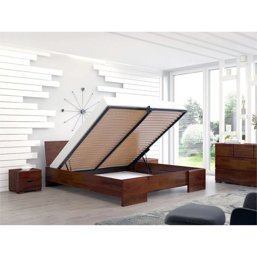 Lit coffre bois pin finition noyer chambre adulte collection NOVA