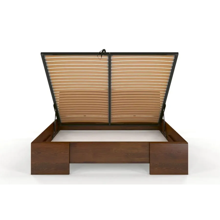 Lit coffre bois pin finition noyer 2 personnes collection NOVA