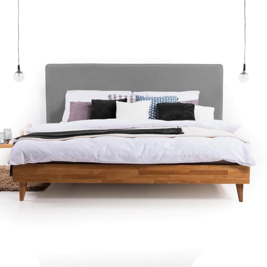 Lit bois en chêne avec tête de lit tissu gris gamme Tivoli