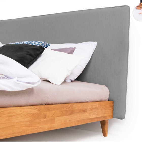 Lit chêne massif avec tête de lit tissu gris  gamme Tivoli