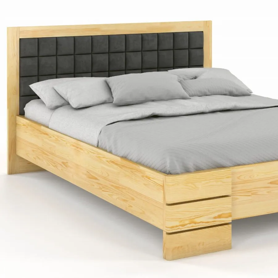 Lit en pin massif naturel avec tête de lit tissu collection PRADO