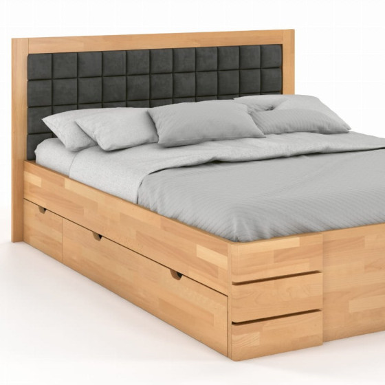 lit avec rangement bois avec tête de lit en tissu collection PRADO