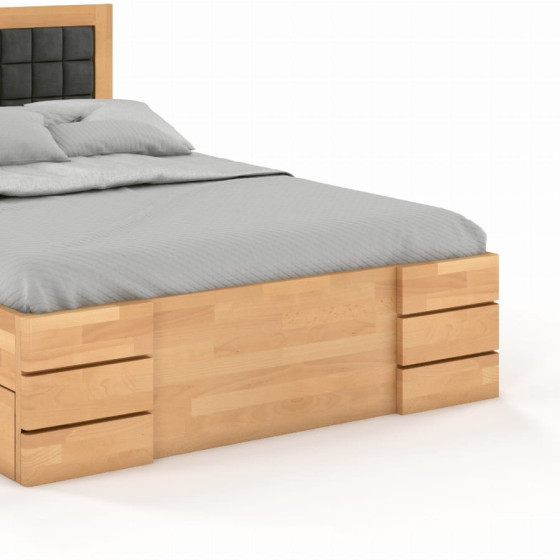 lit avec rangement bois avec tête de lit en tissu grise collection PRADO