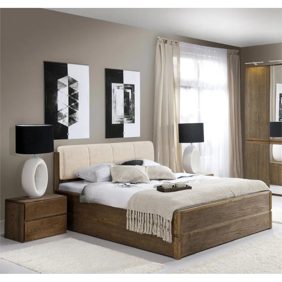 Lit coffre bois tête de lit capitonnée écru collection Bergamo