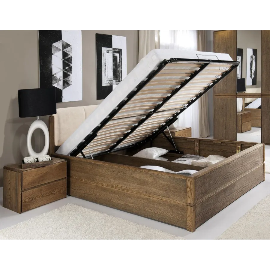 Lit coffre bois chêne foncé sommier relevable collection Bergamo