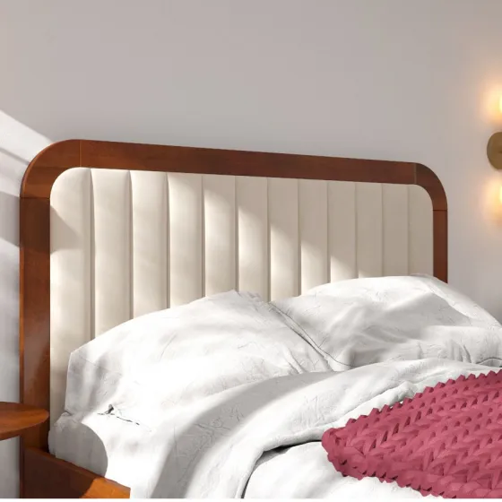 Lit en bois massif finition noyer avec tête de lit tissu  collection VERDE