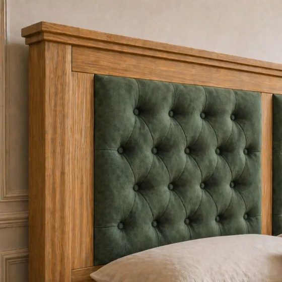 Lit coffre bois tête de lit en tissu vert collection ROMA