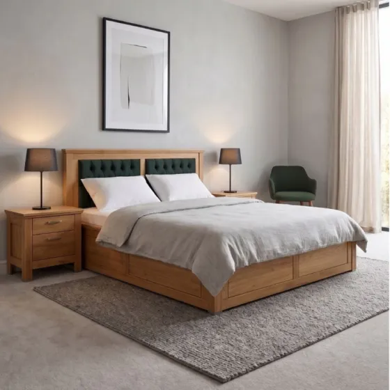 Lit coffre bois avec tête de lit en tissu vert collection ROMA