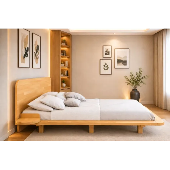 Lit avec chevets en bois integres collection KOBE