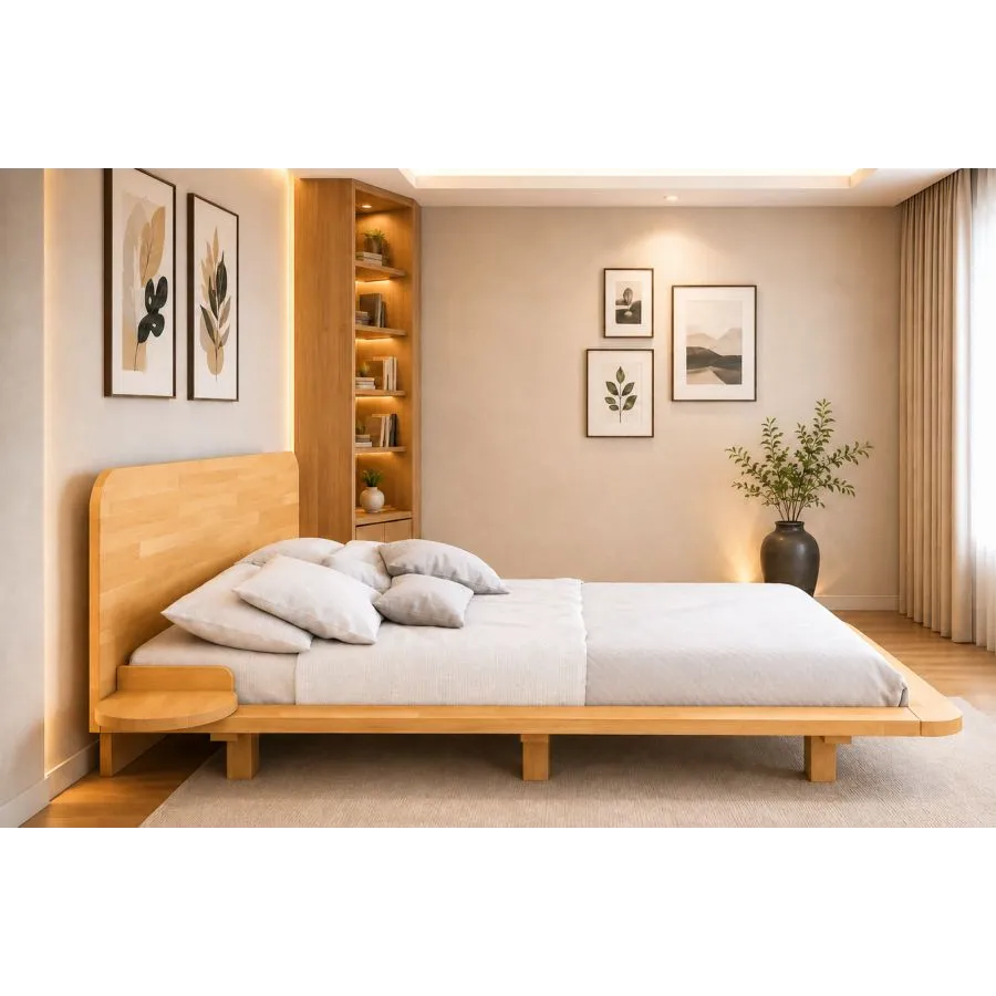 Lit avec chevets en bois integres collection KOBE
