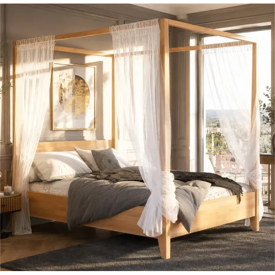 Lit baldaquin en bois massif finition naturel 160x200 collection NICEA