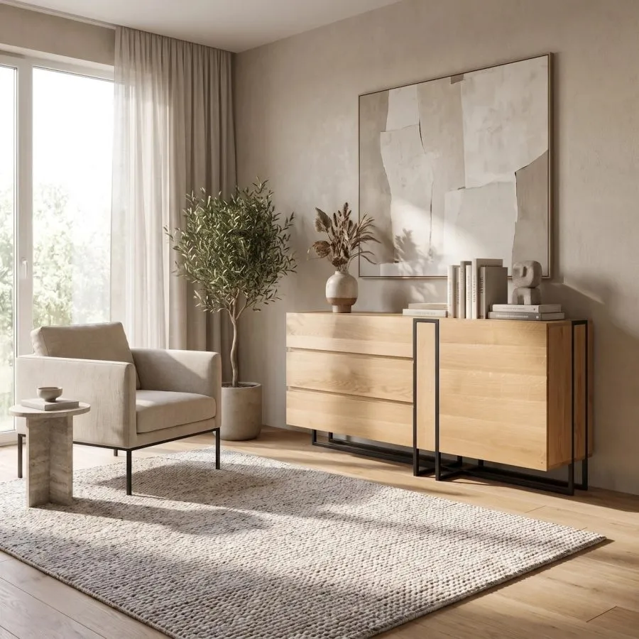 Commode bois massif design pieds acier noir Luna
