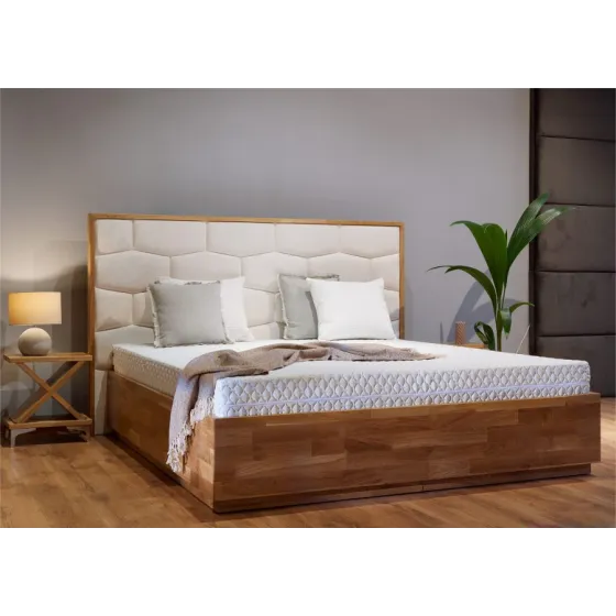 Lit coffre bois chêne et tissu blanc collection TRIVIO