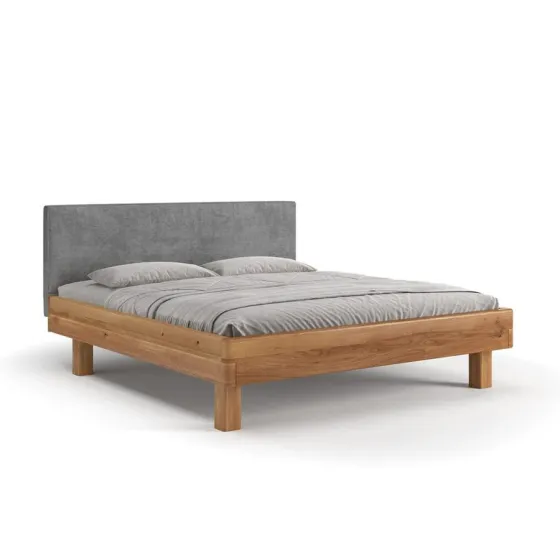 Lit chêne massif tête lit tissu gris clair KIRUNA