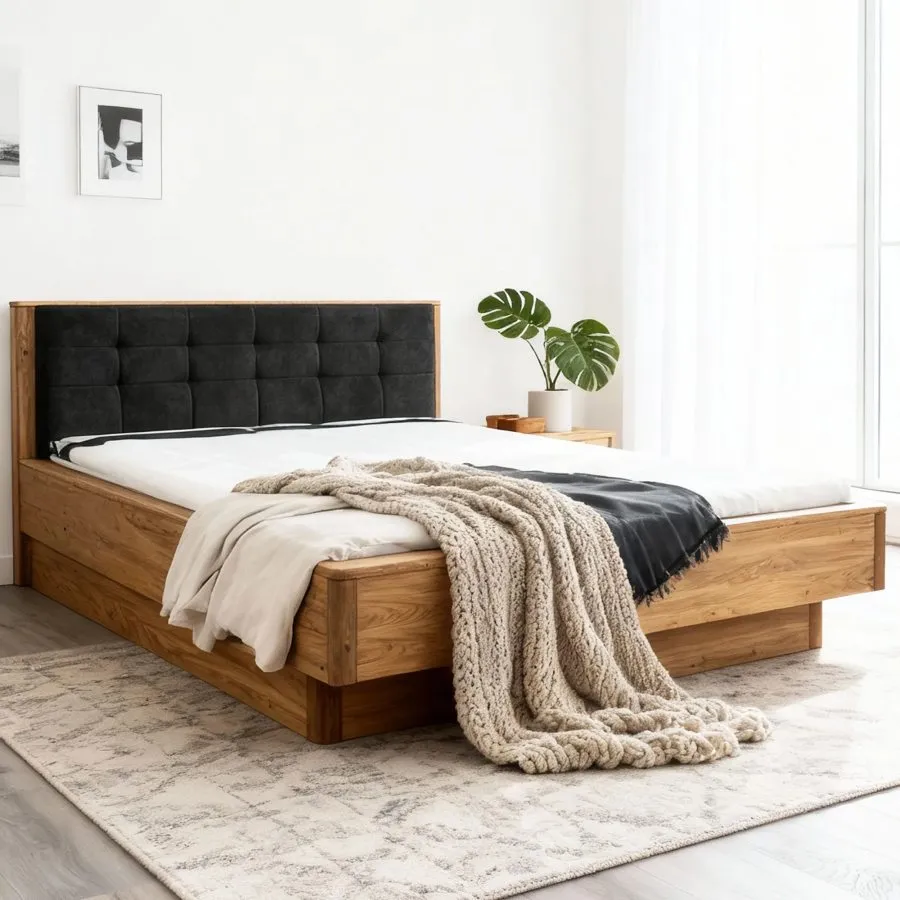 Lit coffre 160x200 bois chêne tête de lit capitonnée VERONA