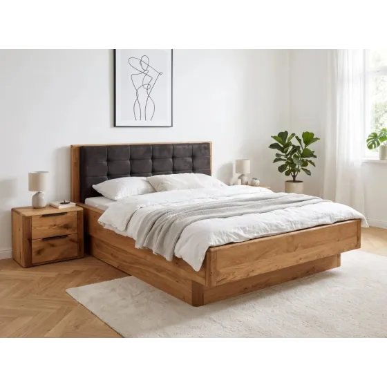 Lit coffre 160x200 bois chêne tête de lit capitonnée VERONA