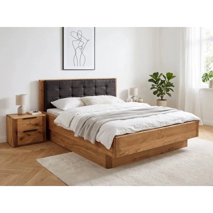 Lit coffre 160x200 bois chêne tête de lit capitonnée VERONA