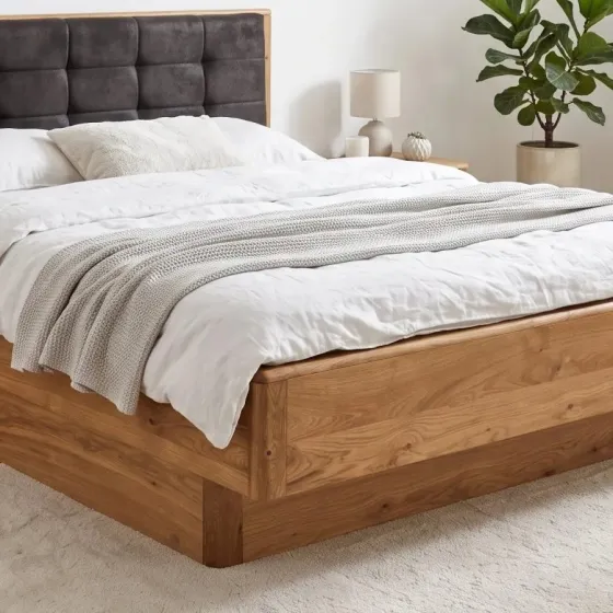 Lit coffre 160x200 bois chêne tête de lit capitonnée VERONA