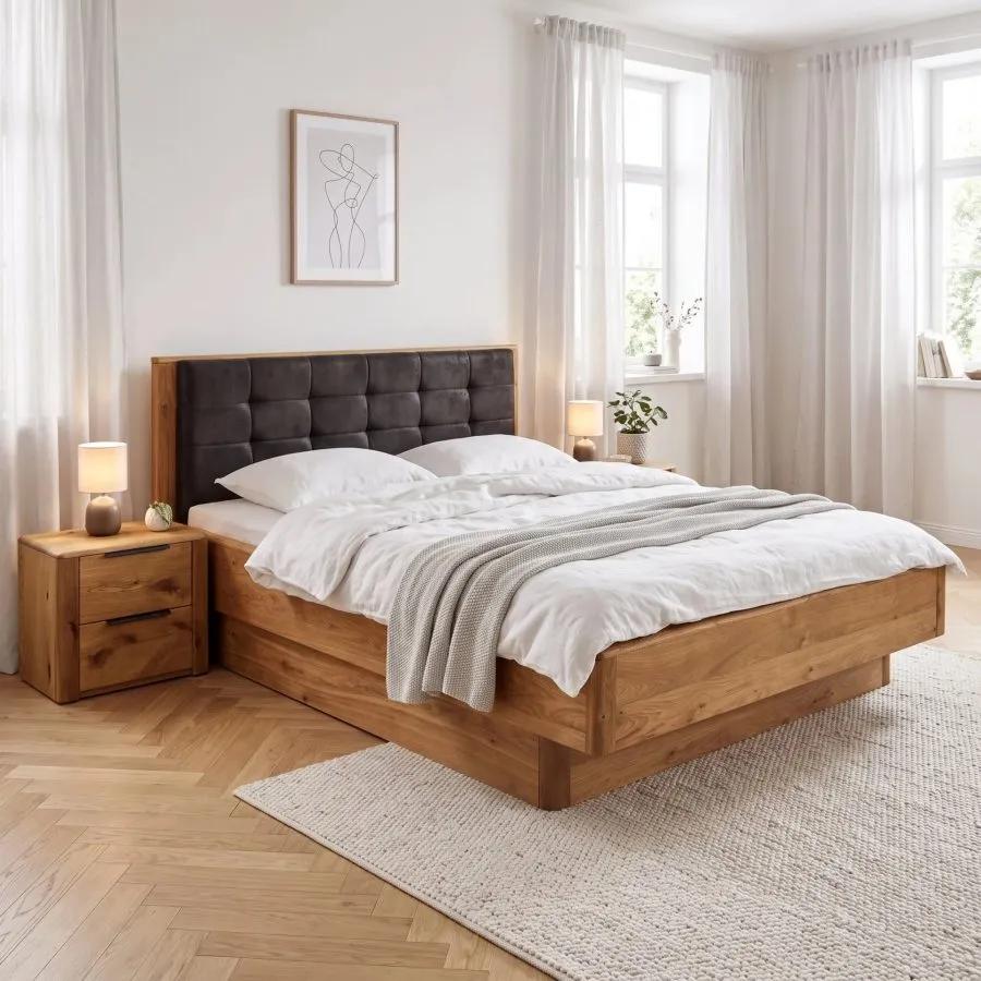 Lit coffre 160x200 bois chêne tête de lit capitonnée VERONA