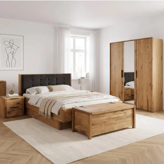 Lit coffre 160x200 bois chêne tête de lit capitonnée VERONA