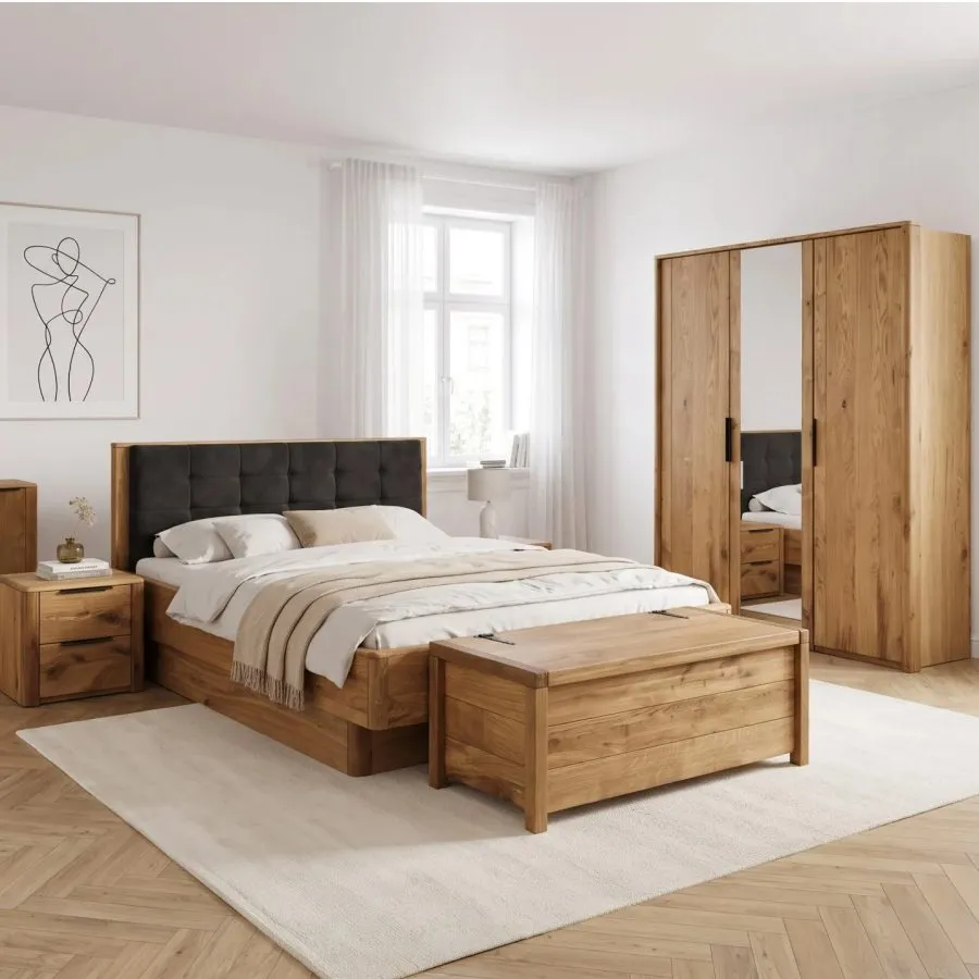 Lit coffre 160x200 bois chêne tête de lit capitonnée VERONA
