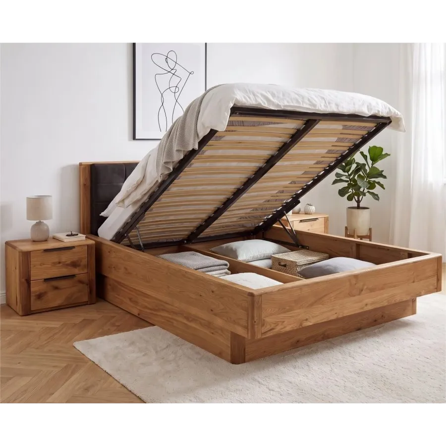 Lit coffre 160x200 bois chêne tête de lit capitonnée VERONA