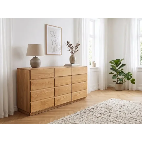 Commode bois chambre chêne naturel brossé 3 tiroirs 3 portes VOLA